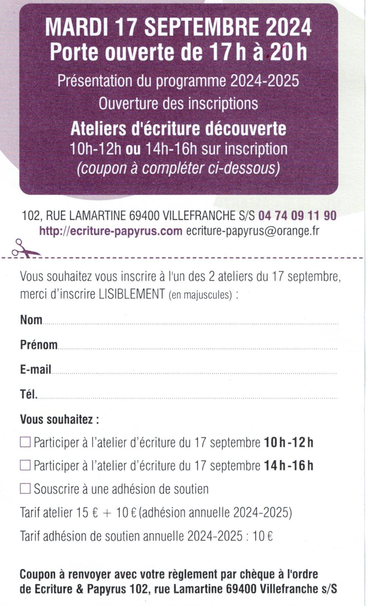 coupon pour s'inscrire ateliers d'écriture découverte au Papyrus